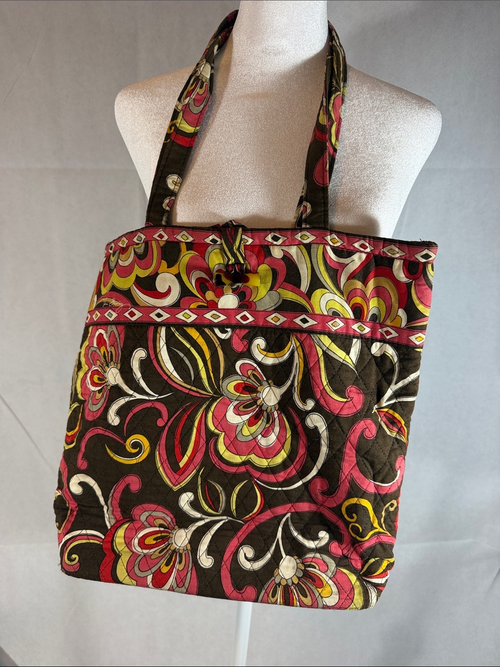 Made in USA Vera Bradley Quilted Floral Tote in Brown, Pink & Yellow
